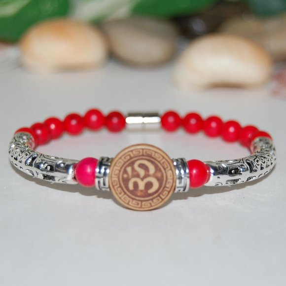 Om Bracelet,Red Howlite Bracelet,Om Red Bracelet,Yoga Bracelet,Magnetic Closure - Picture 3 of 3